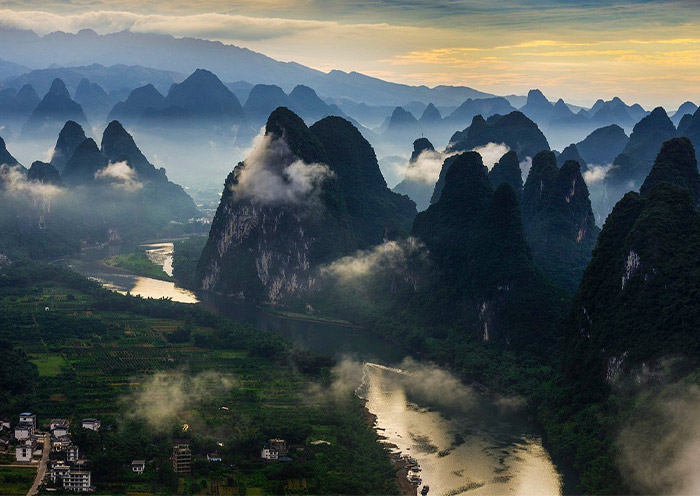 Idyllic Li River with Karst Landscape 