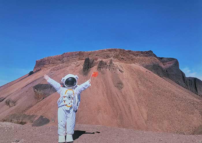 Dress like an astronaut at Volcano 6, Wulanhada Volcanic Cluster