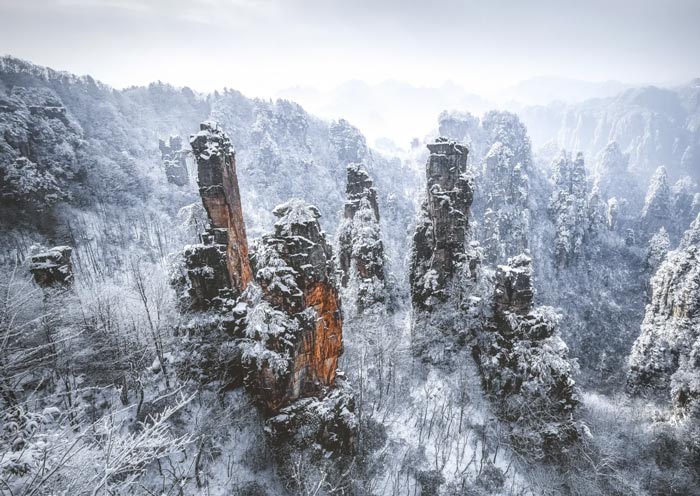 Snow-covered Avatar Mountains in Zhangjiajie