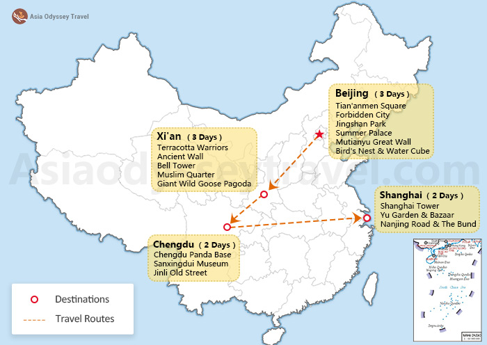 China 10 days family Itinerary Map