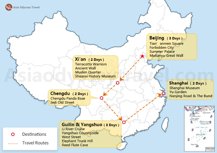 China 12 days itinerary map