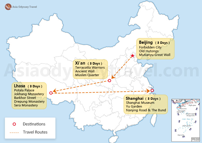 China 12 days itinerary map