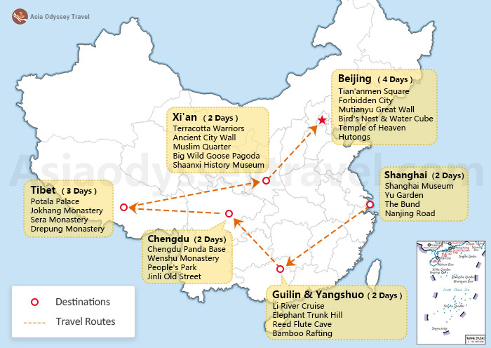 China Itinerary for 15 Days Map