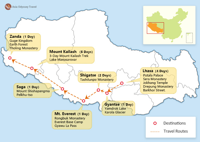 Lhasa to Mount Kailash Map