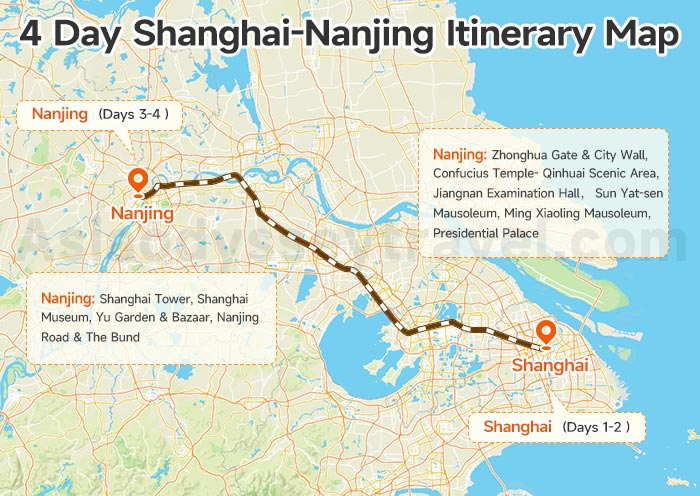 4 Day Shanghai-Nanjing Itinerary Map