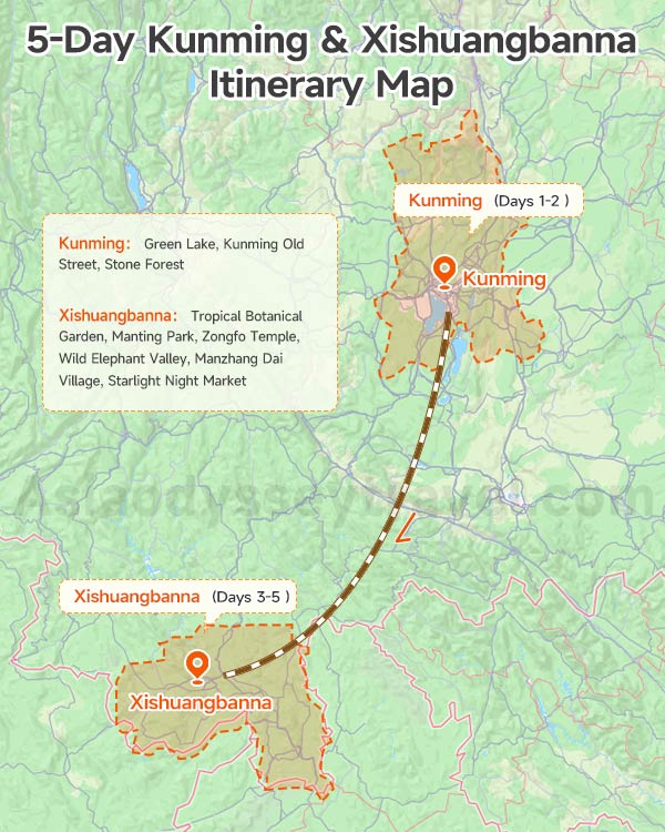 5-day Xishuangbanna route map — Kunming → Stone Forest → train → Jinghong