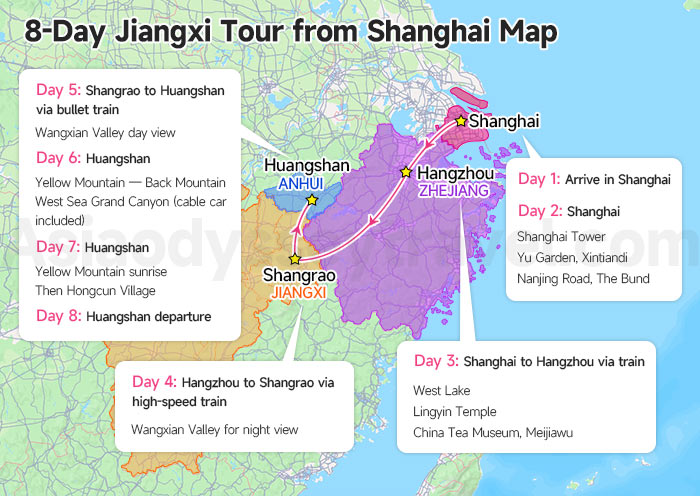 8-day Shanghai Jiangxi Itinerary Map