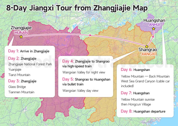 8-day Zhangjiajie Jiangxi Itinerary Map
