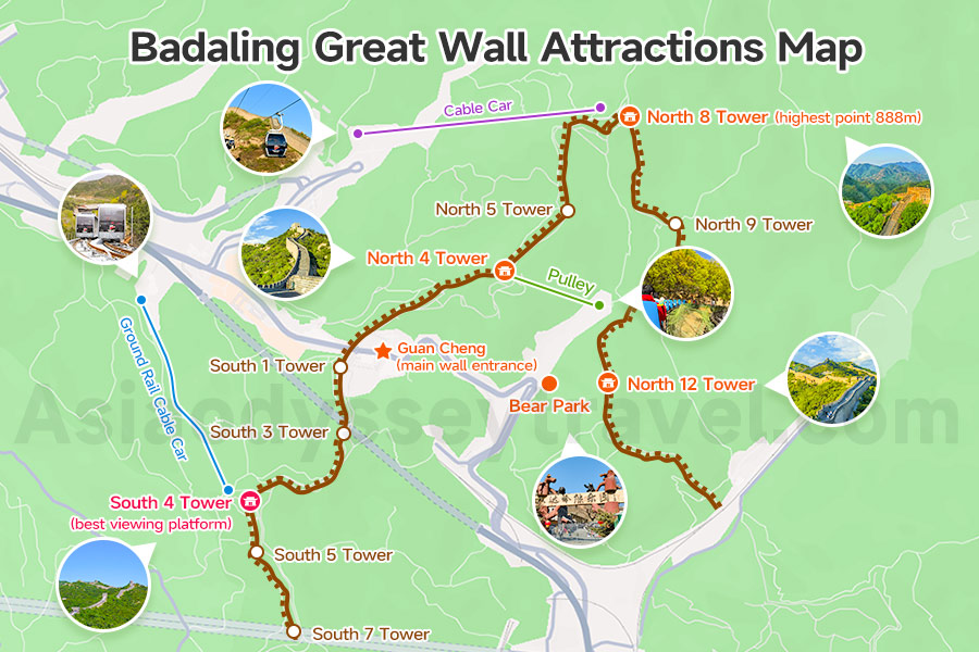 Badaling Great Wall Attractions Map with Main Towers and Highlight Spots