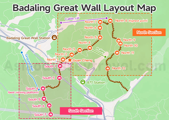 Badaling Great Wall Layout Map with 2 Different Areas
