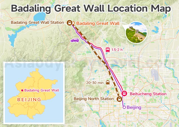 Badaling Great Wall On Beijing Map with Distance and Travel Time