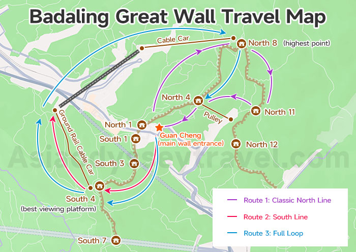 Badaling Great Wall Travel Map shows 3 Different Travel Routes
