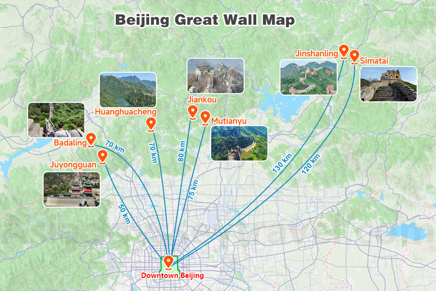 Different Sections of Great Wall On Beijing Map with Distance