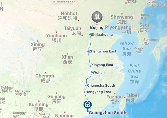 Beijing to Guangzhou High Speed Train Map