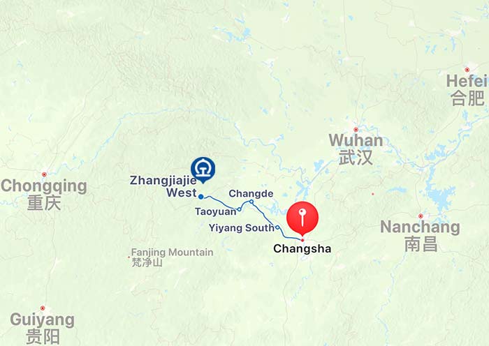 Changsha to Zhangjiajie High Speed Train Map