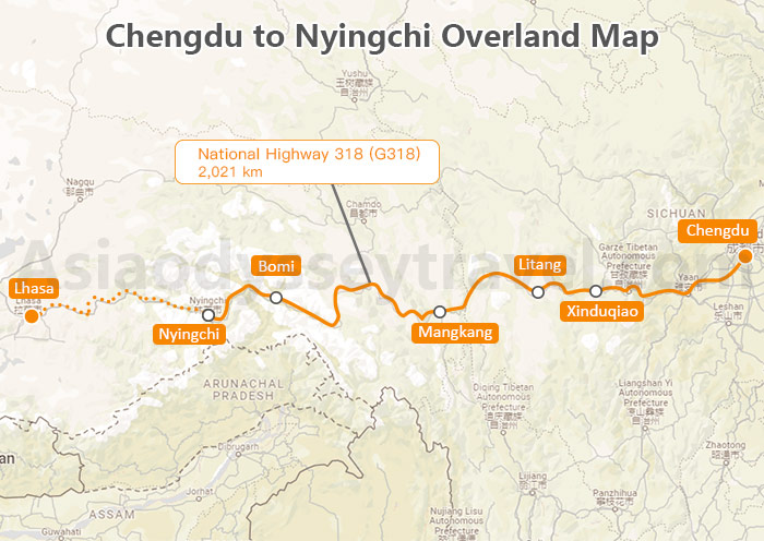 Chengdu to Nyingchi Overland Map