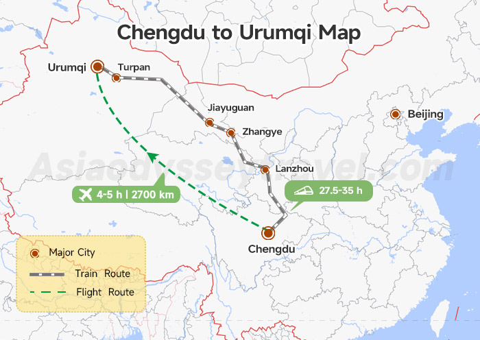 Chengdu to Urumqi Map