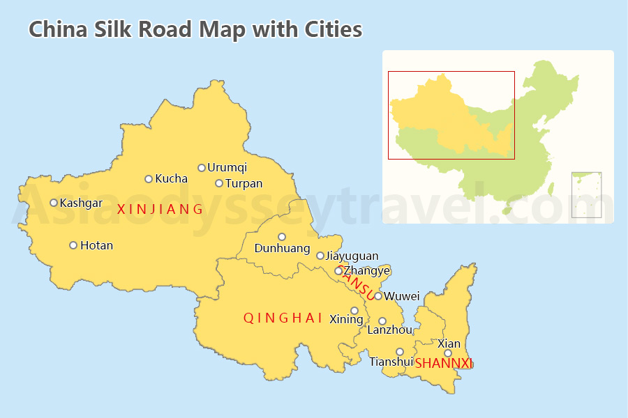China Silk Road Map with Cities