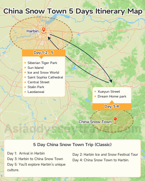 China Snow Town 5 Days Itinerary Map