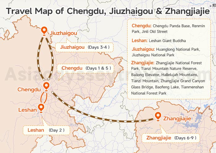 Travel Map of Chengdu, Jiuzhaigou & Zhangjiajie