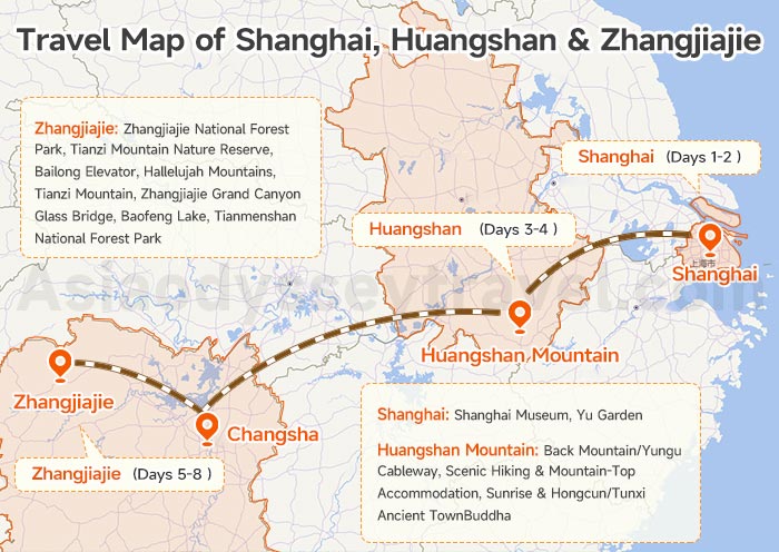 Travel Map of Shanghai, Huangshan & Zhangjiajie
