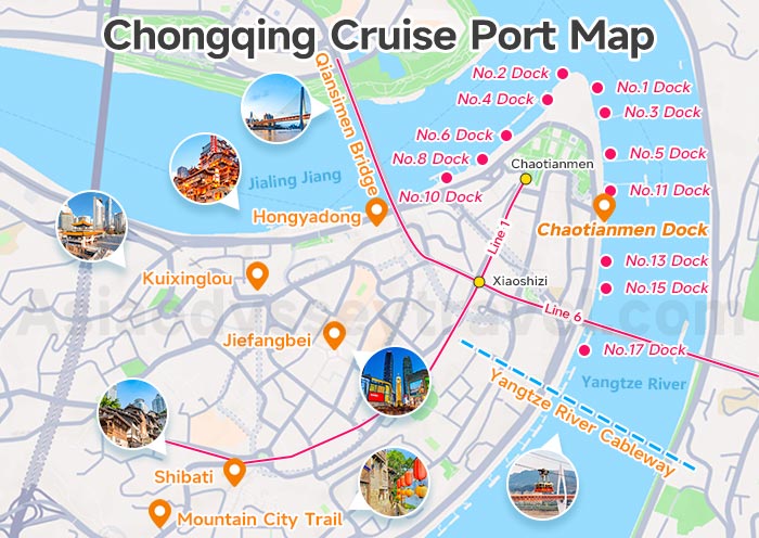 Chongqing Chaotianmen Dock of Yangtze River Cruise on Map