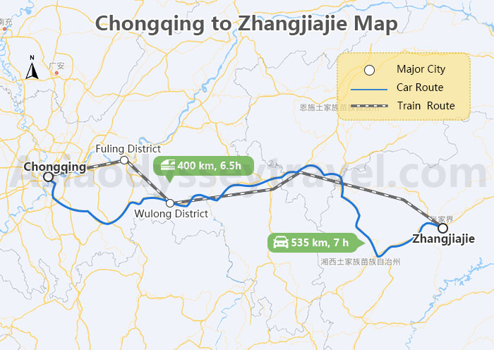 Chongqing to Zhangjiajie Map