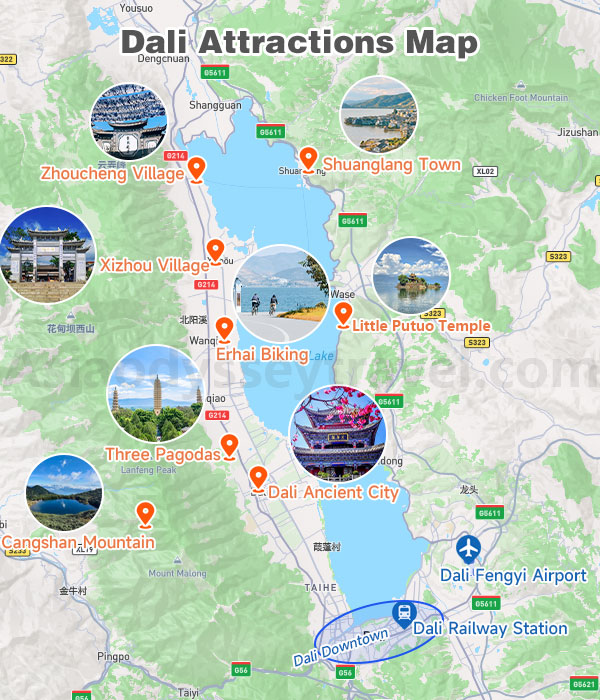 Dali Tourist Map shows Top Attractions with photos