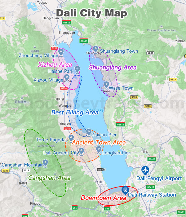 Dali City Maps shows 6 Areas in Dali