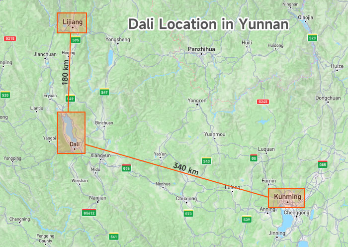Dali Location Map between Kunming and Lijiang