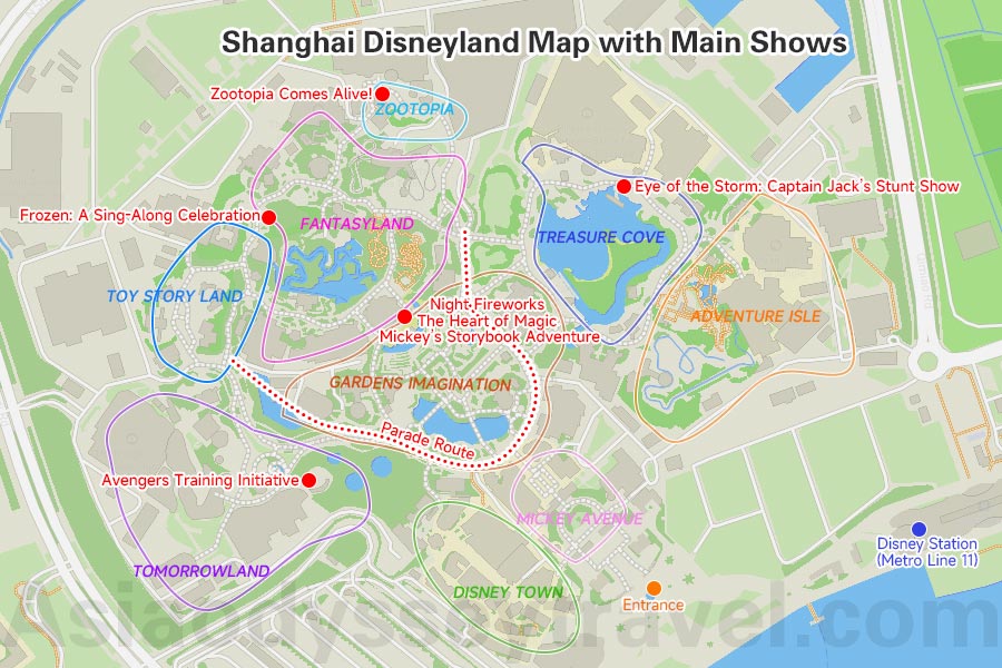 Shanghai Disneyland Map with Main Shows and Parade Route