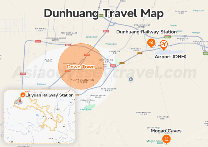 Dunhuang Airport, Raiwaly Stations & Mogao Caves on Map