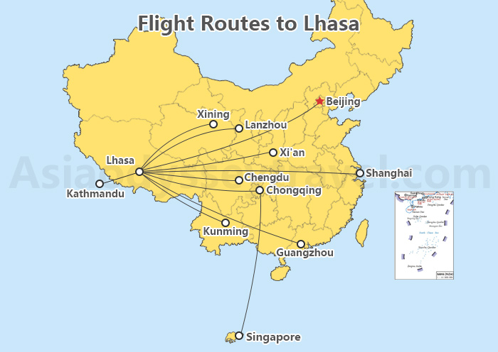 Flight Routes to Lhasa Map
