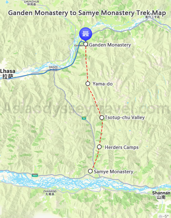 Ganden Monastery to Samye Monastery Trek Map
