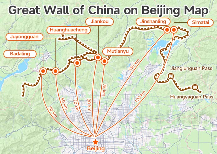 Great Wall of China Map with Main Sections in Beijing