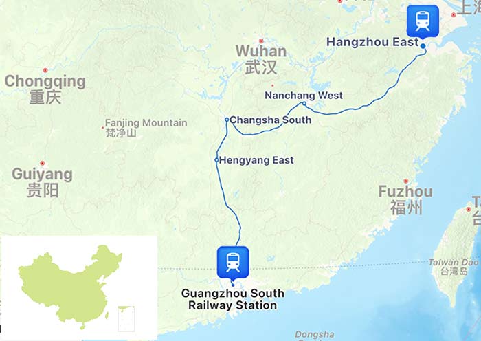 Guangzhou to Hangzhou High Speed Train Map