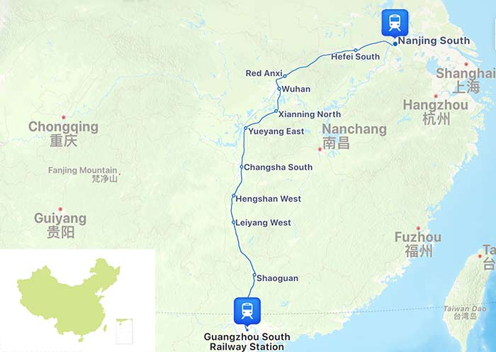 Guangzhou to Nanjing High Speed Train Map