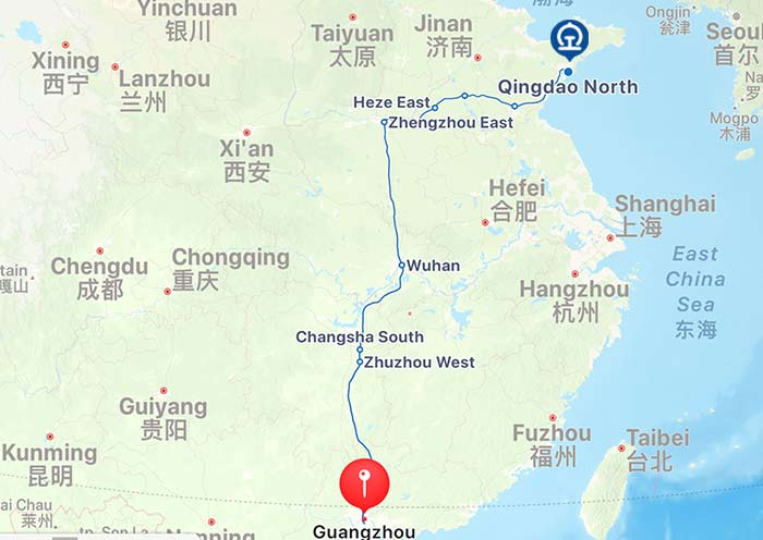 Guangzhou to Qingdao High Speed Train Map