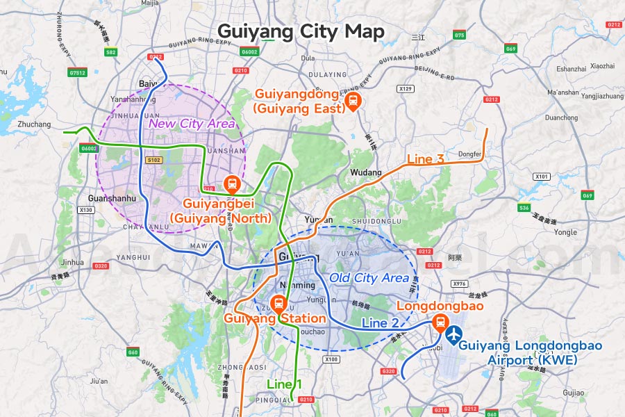 Guiyang City Map Shows 3 Metro Lines with 4 Railway Stations & Airport Location