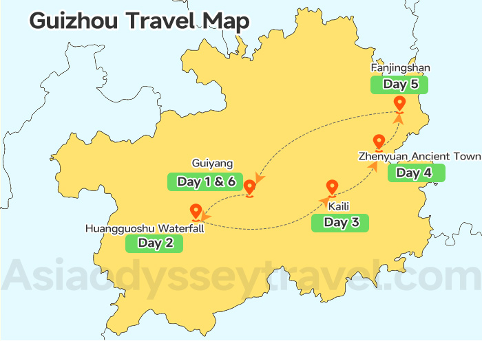 Guizhou Classic Travel Itinerary on Map