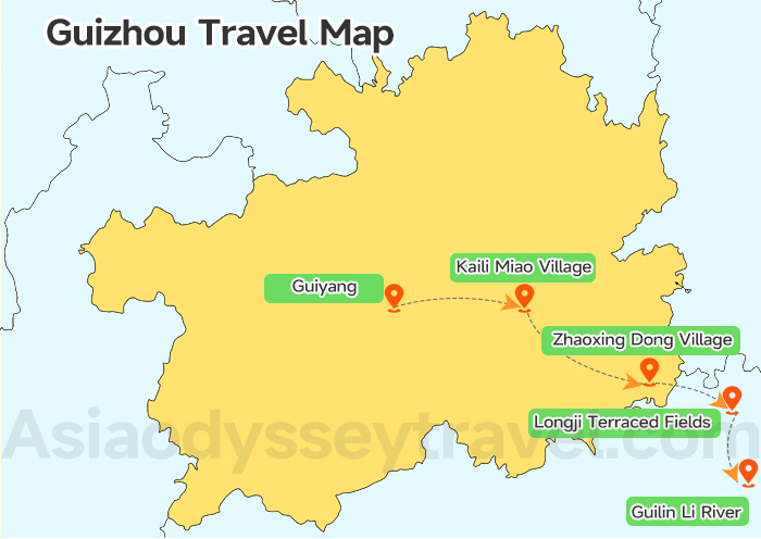 Guizhou to Guilin Travel Itinerary on Map