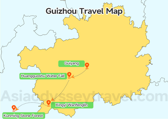 Guizhou to Yunan Travel Itinerary on Map