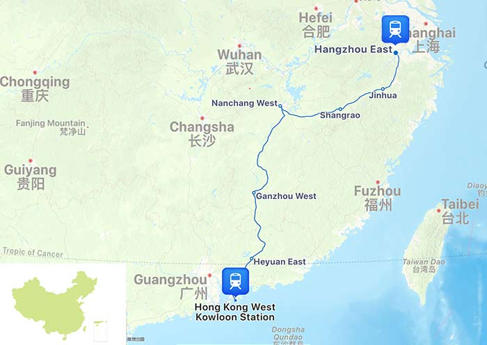 Hong Kong to Hangzhou High Speed Train Map