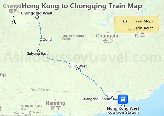 Hong Kong to Chongqing High Speed Train Map