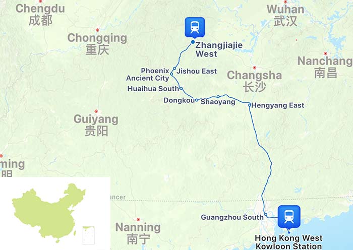 Hong Kong to Zhangjiajie High Speed Train Map