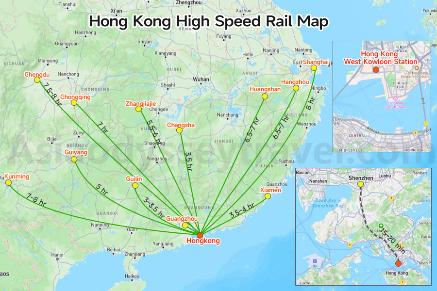 Hong Kong High Speed Rail Map shows how West Kowloon Station connects Hong Kong with major cities