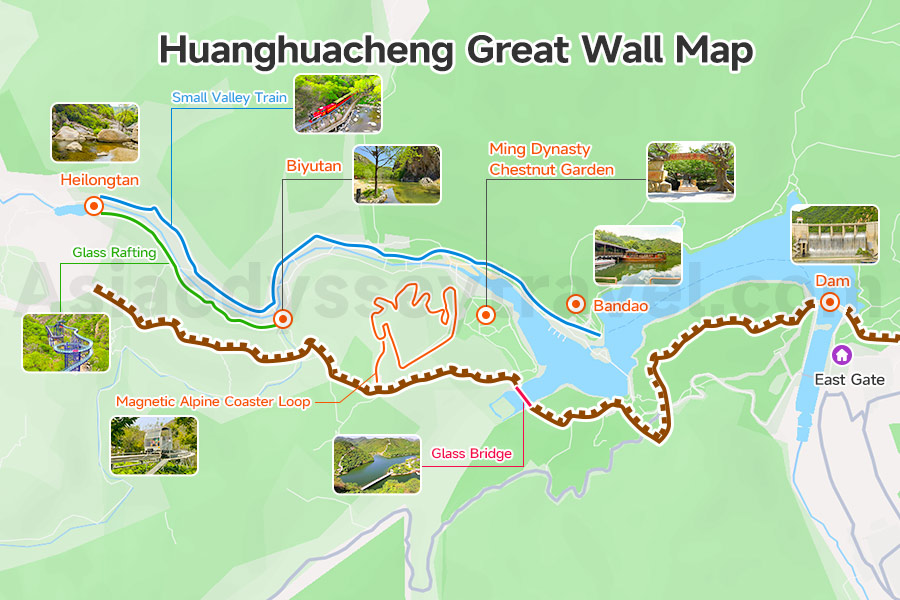 Huanghuacheng Water Great Wall Map with Highlights and Tourist Spots
