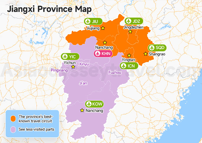 Jiangxi Province Map - 11 Cities & 6 Airports