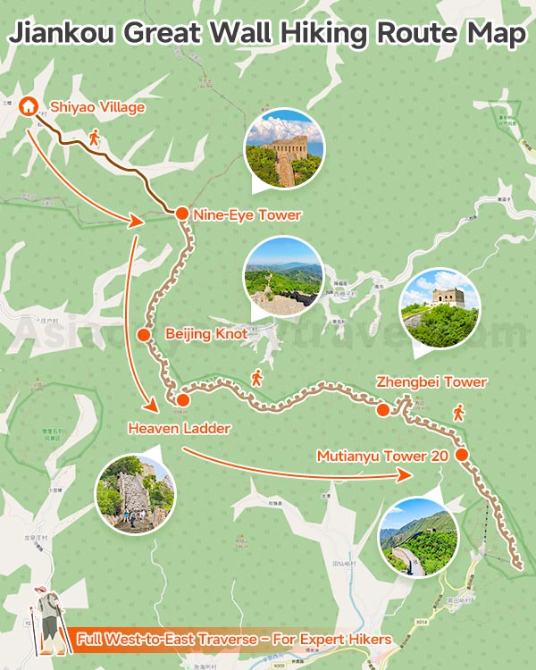 Jiankou Great Wall Full West to East Hiking Map