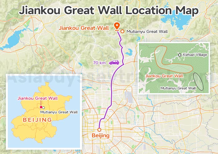 Jiankou Great Wall Location On Beijing Map with Distance